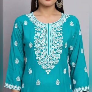 100% Silk Embroidered Chikankari Indian Turquoise Blue Top Blouse Tunic EXC